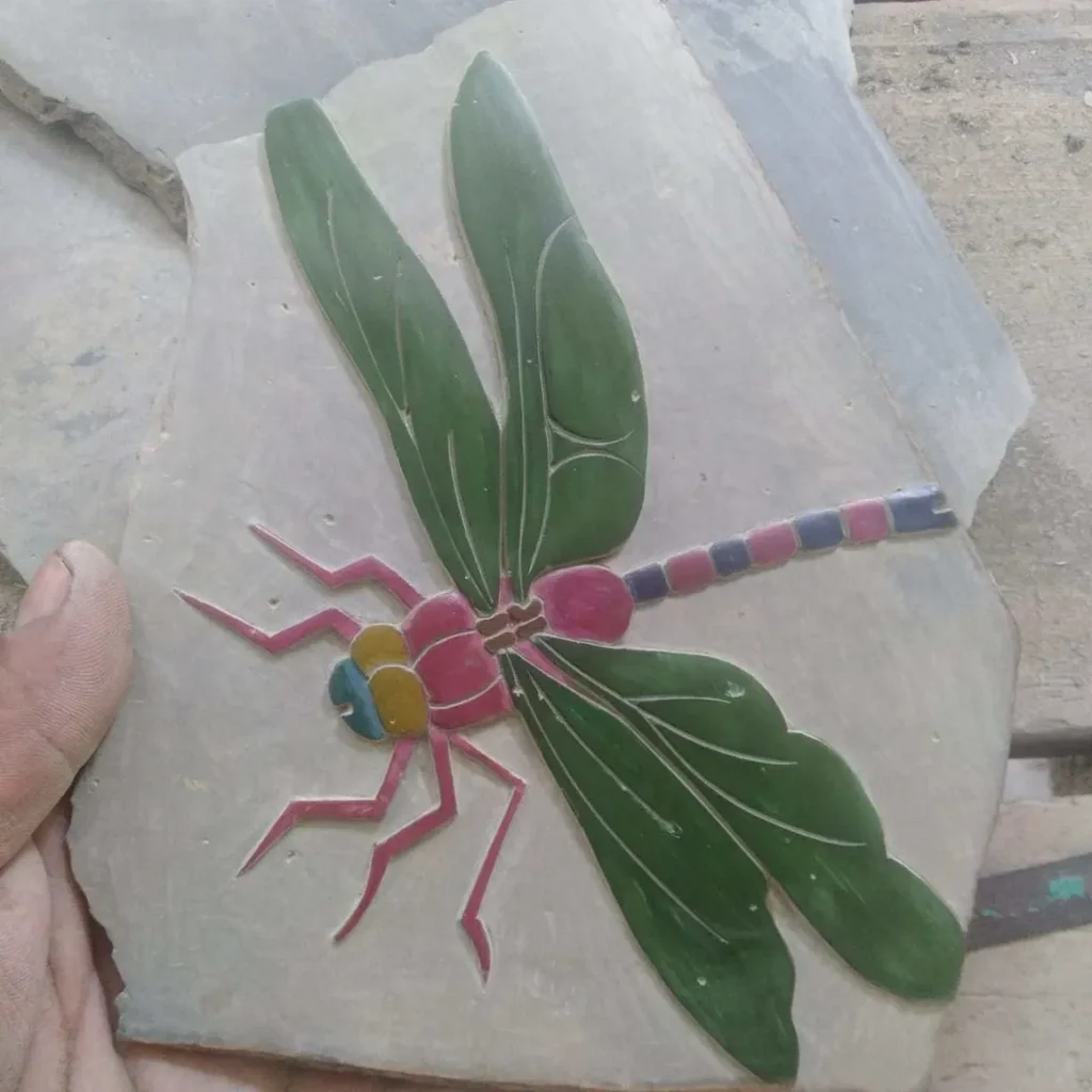 Stone Carvings of Dragonfly Green Wings, Green, Yellow and Pink Body with Pink Legs
