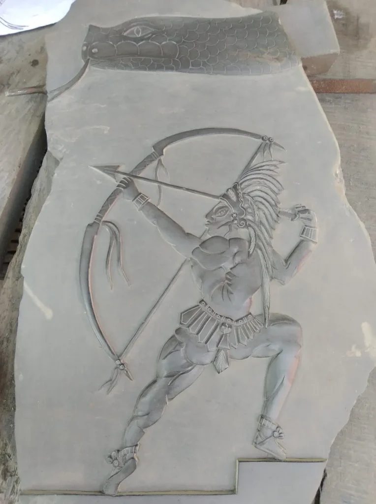 Stone Carvings of Mayan Archer Aiming a Bow and Arrow to the Upper Left