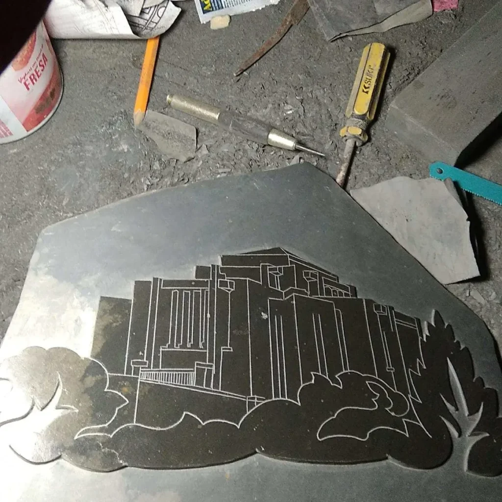 Stone Carving of a Temple in Black