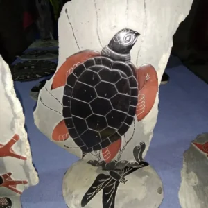 Hancel Stone Carving Black Turtle with Brown Feet Swimming Up, Bottom Piece Has Black Butterfly